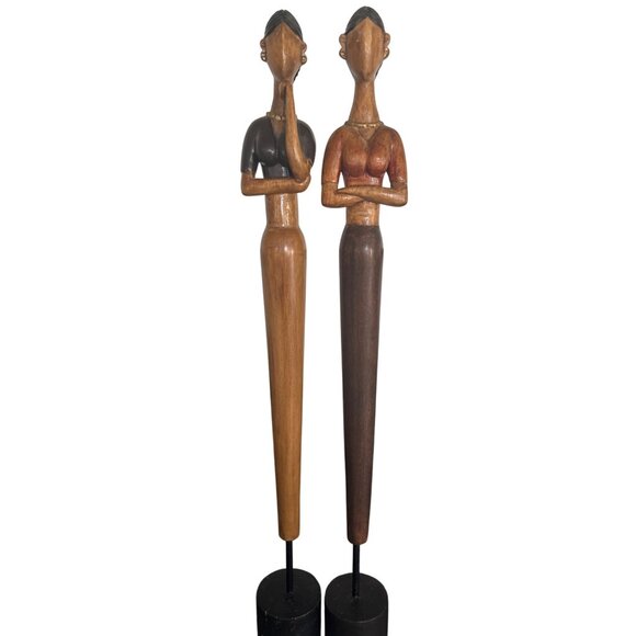 Hand-Carved African-Inspired Wooden Female Figurines Statues On Black Stands - Picture 13 of 16